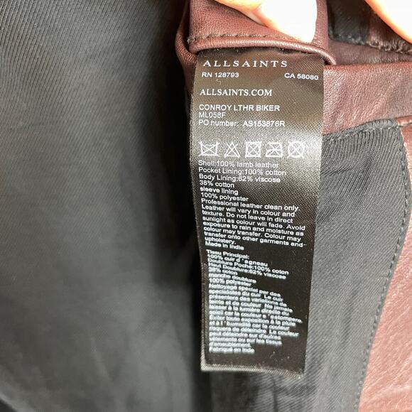 All Saints Conroy Crinkled Quilted Shoulder Leather Biker Jacket Oxblood Size M - Picture 9 of 11